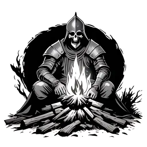Medieval Knight Sitting At A Campfire With A Skeleton Face