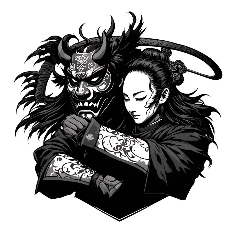 Japanese Samurai Holding A Faceless Womans Head With A Hannya Mask Background