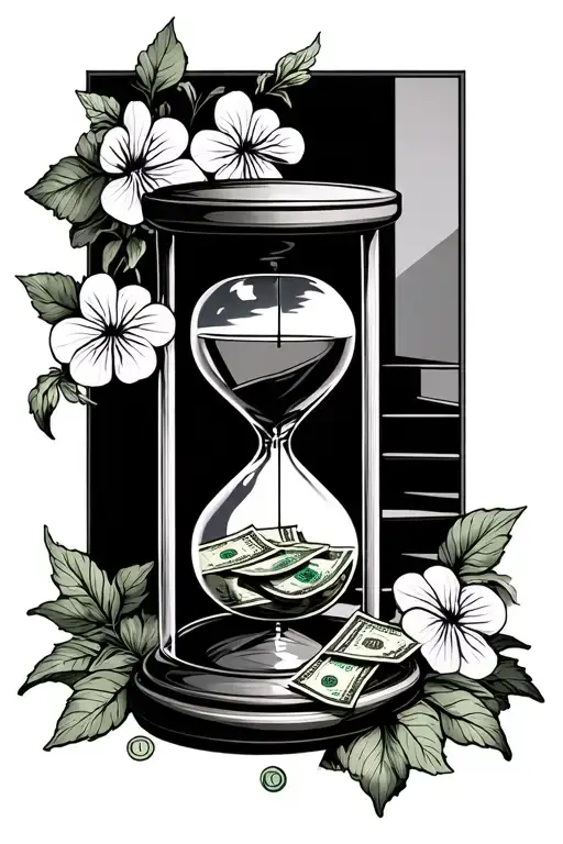An Hour Glass With Money At The Bottom Surrounded By Violets And A Staircase In The Background