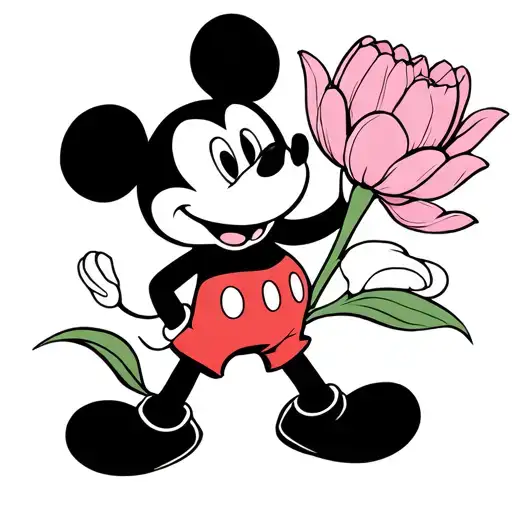 Mickey Mouse Silhouette With A Tulip Flower Line Art