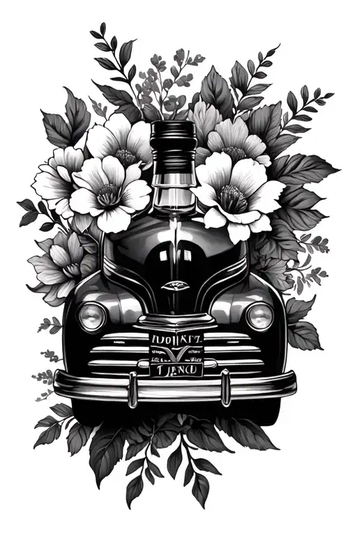 Whisky Bottle With Flowers And Classic Car