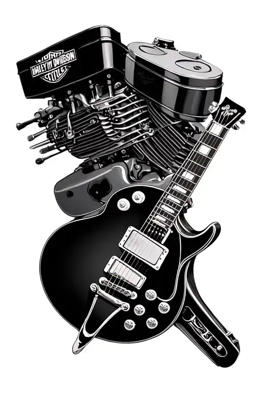 Harley Davidson Tank And Engine With A Gibson Les Paul Guitar