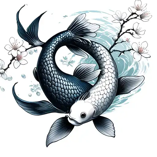 Koi Fish Swimming Upstream With Cherry Blossoms Falling