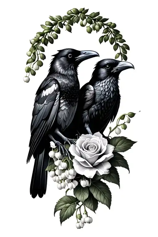 Two Ravens Sitting On Lily Of The Valley And Roses