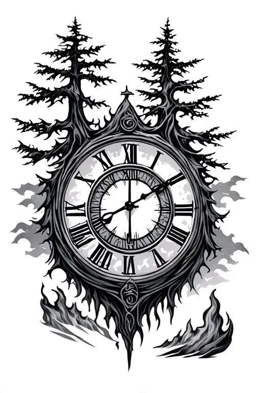 Cross Trees Mountains Clock Math Music Fire