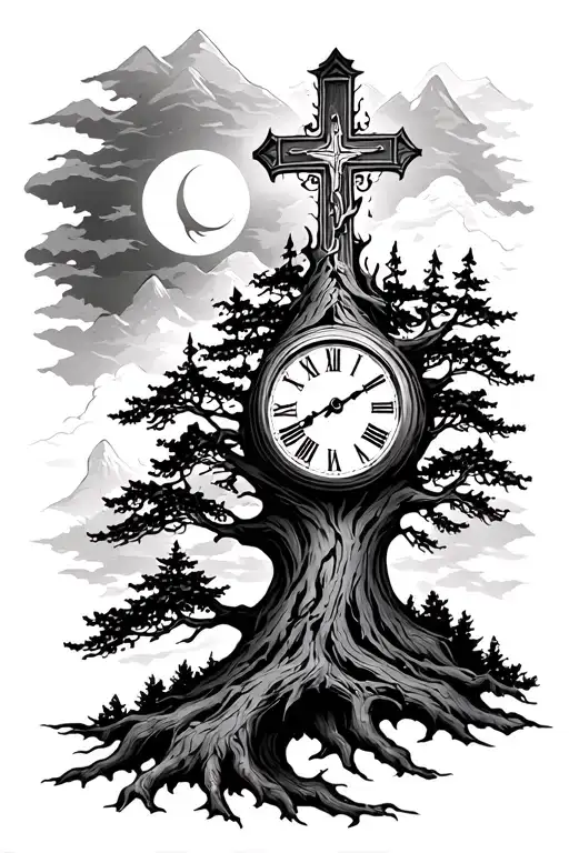 Cross Trees Mountains Clock Math Music Fire