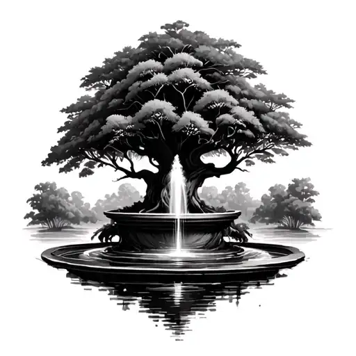 Sacred Fig Tree With A Fountain Around The Tree Growing