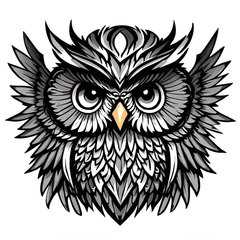 Simle Tribal Owl Black N Grey O Ly With Wings Spread And Shattered Like Glass