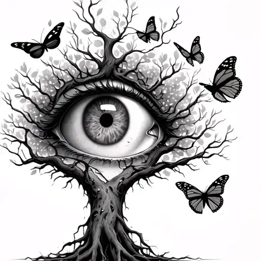 Tree Of Life With Damaged Roots With Monarch Butterflies With One Eye