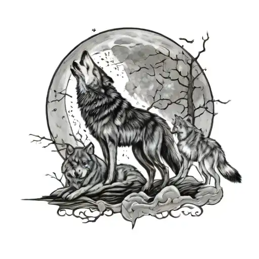 A Family Of Wolves Howling At The Moon In A Mystical Night Sky