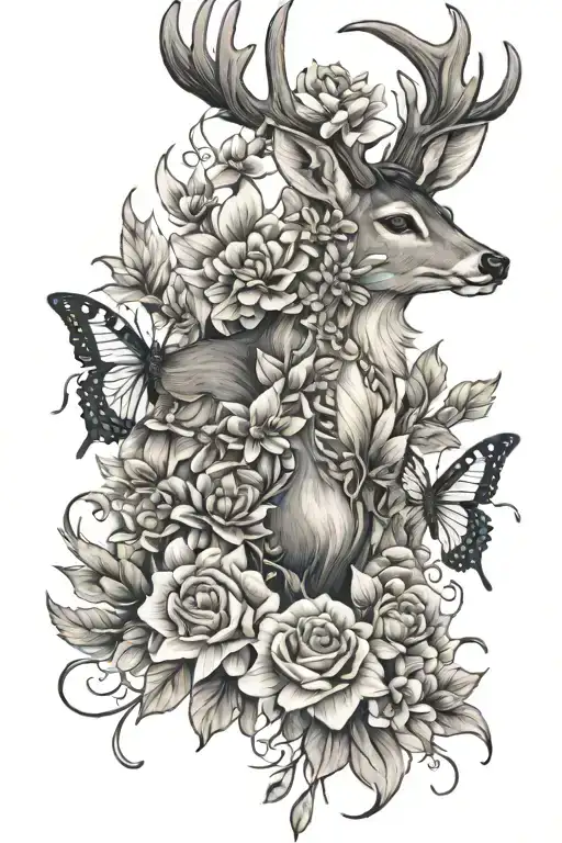 Deer Flowers And Butterflies