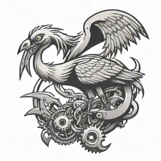 Cartoon Black And White Crane With Spanners As Claws