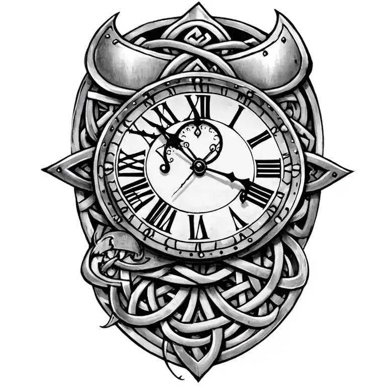 Clock Face On Armor Tattoo Design Featuring Celtic Trinity Knot