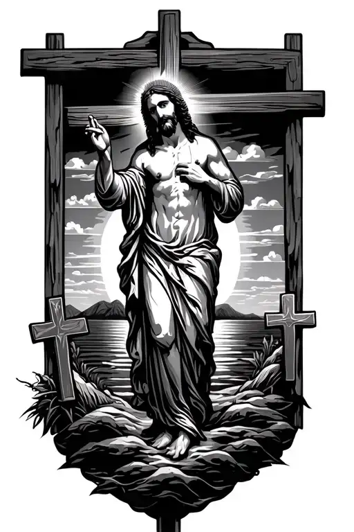 Jesus With Sunset In The Background With Three Crosses