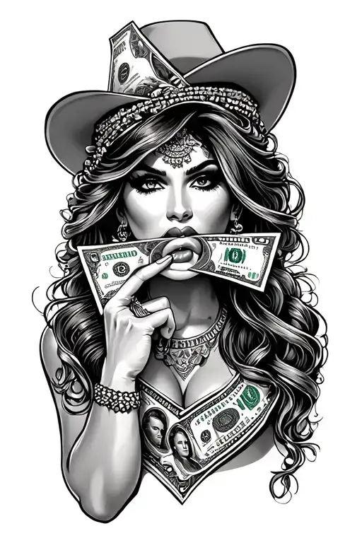 Chicano Lady With Money In Mouth
