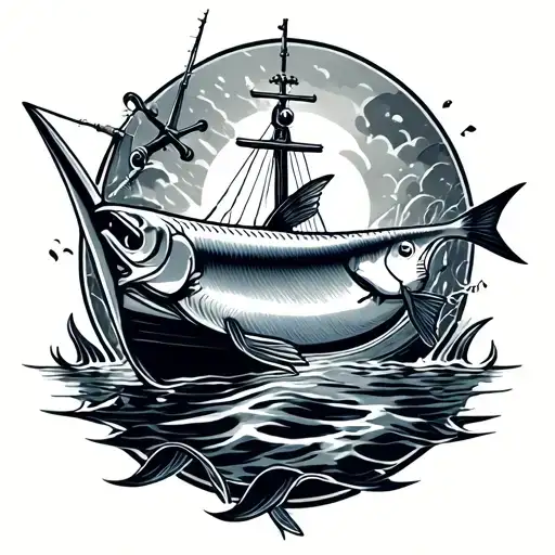 Fishing Boat Catching Swordfish Underwater Anchor Intertwined