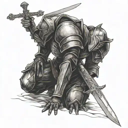 Knight On Knees Praying Holding Sword In Front Of Him Humbled