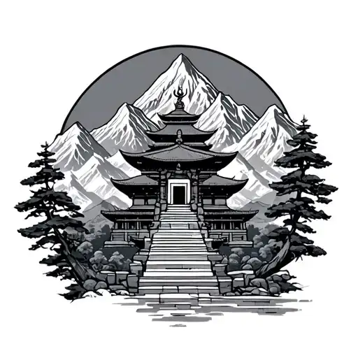 Nepali Temple And God In Mountain Range With A Winding