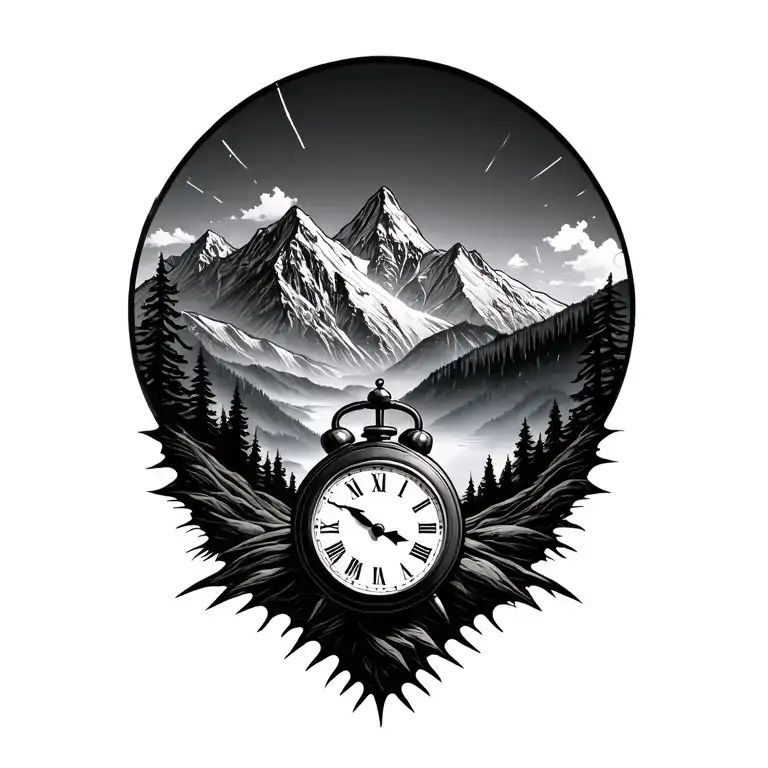 Mountain In Background With Clock In Foreground