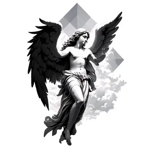 Biblically Accurate Angel Emerging From Clouds With Geometric Background