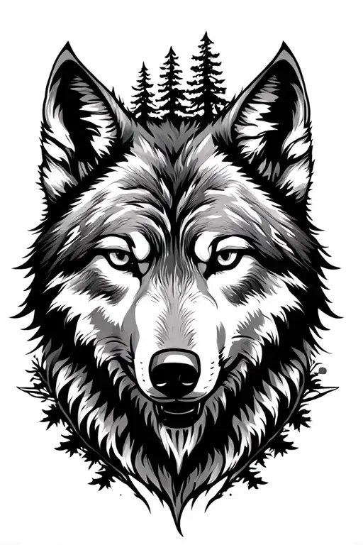 Wolf Head With Trees Surrounding It