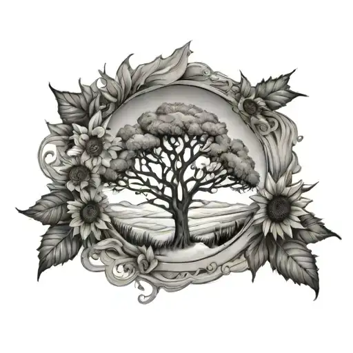 A Snow-covered Landscape With A Tree Made Of Sunflowers In The Foreground