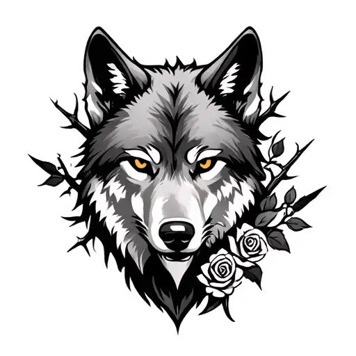 Wolf Head With Rose Thorns Around The Right Side Of The Face