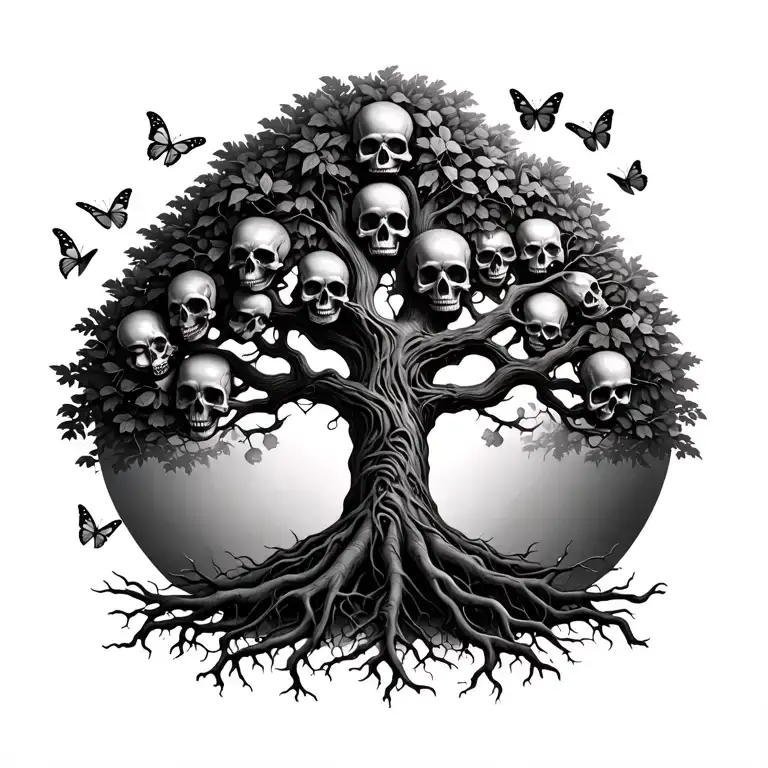 Realistic Tree Of Life With Skulls Onthe Roots And Butterflies Surrounding The Leaves
