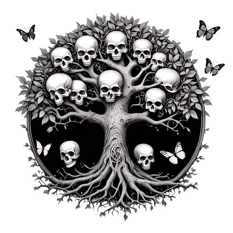 Realistic Tree Of Life With Skulls On The Roots And Butterflies Surrounding The Leaves