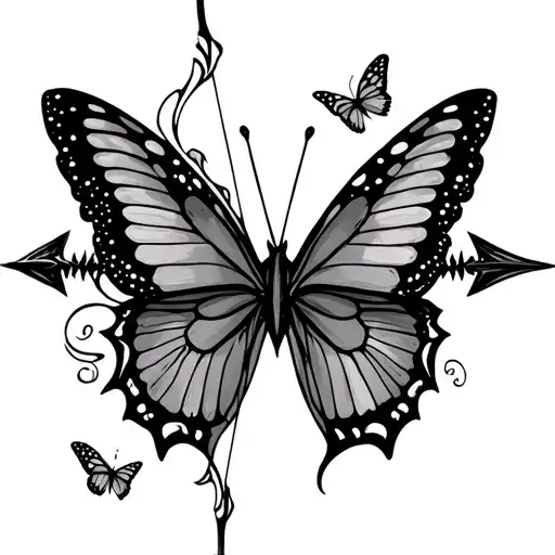Bow And Arrow With 2 Butterflies On Top And Bottom
