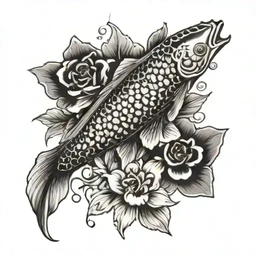 Koi Fish With Numeral Numbers And Lili Pads Flowers