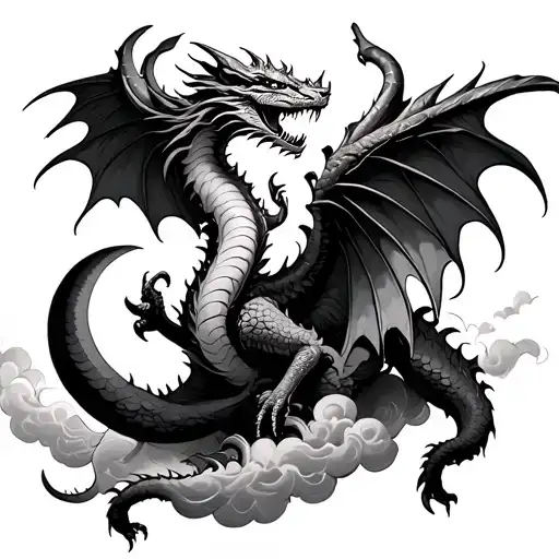 Western Dragon With Big Wings Touching A Crescent Moon In The Clouds On The Forearm