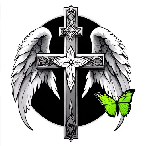 Christian Cross With Wings On Each Side And A Green Butterfly On The Right Side