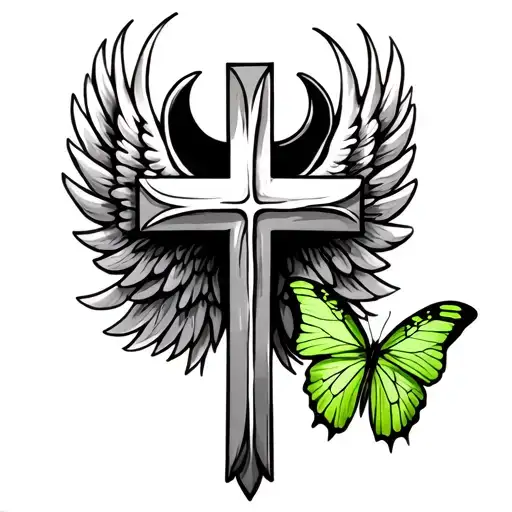 Christian Cross With Wings On Each Side And A Green Butterfly On The Right Side