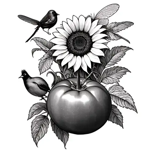 Race Car With Sunflower A Tomato A Dragonfly And Cardinal