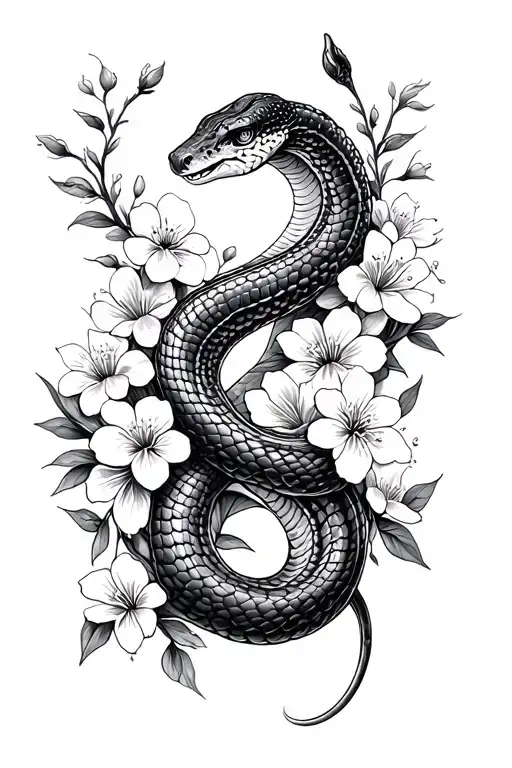 Snake Surrounded By Blossom Flowers Twirling Around Calf