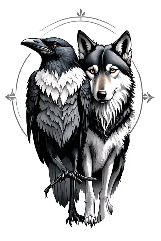 Raven And A Wolf Standing Side By Side