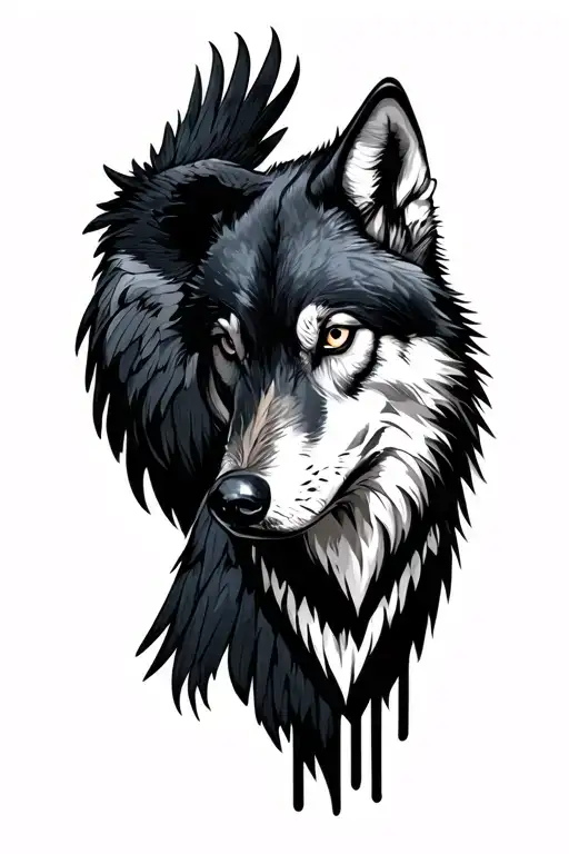 Raven And A Wolf Side By Side