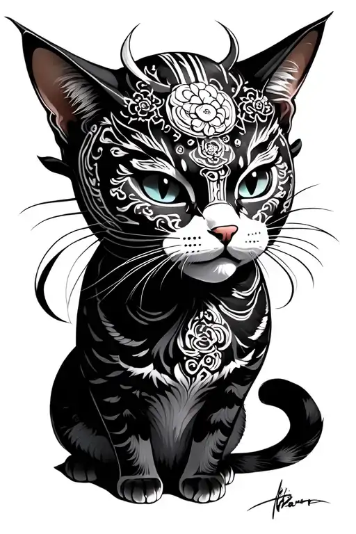 A Cat With Hannya Mask Instead Of His Head - Neo Japanease Style