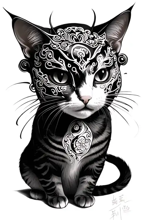 A Cat With Hannya Mask Instead Of His Head - Neo Japanease Style