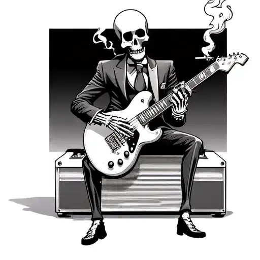 A Skeleton Playing Electric Guitar Sitting On A Amplifier Smoking A Cigarette Wearing A Suit And Tie