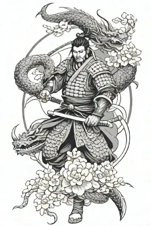 Samurai With Dragon And Sakura And Yin And Yang