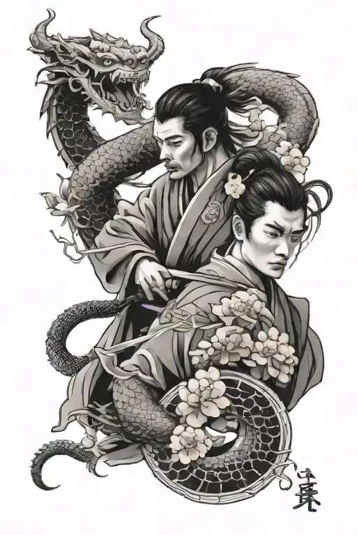 Samurai With Dragon And Sakura And Yin And Yang