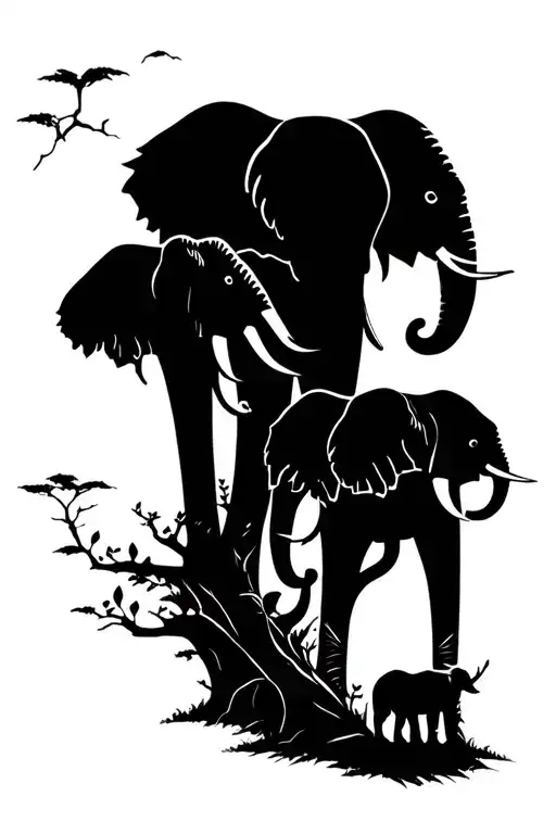 White And Black Trees With Elephants Family Of 4