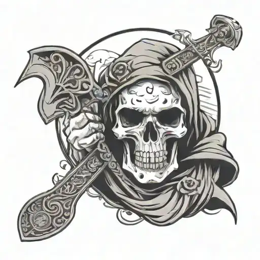Death Skull Standing Holding A Scythe And Holding A Gun