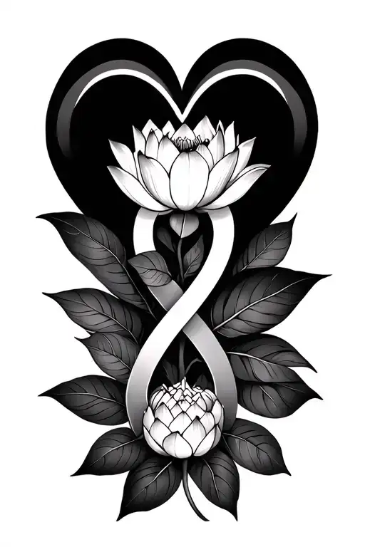 Lotus Flower And Heart And Infinity Symbol Entwined With Leaves