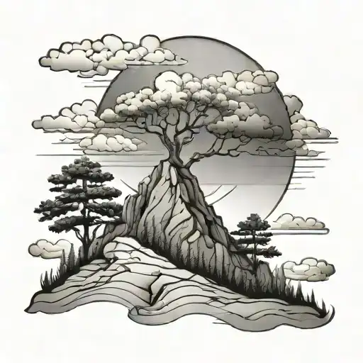 A Mountain With Clouds And Sun And Oak Trees