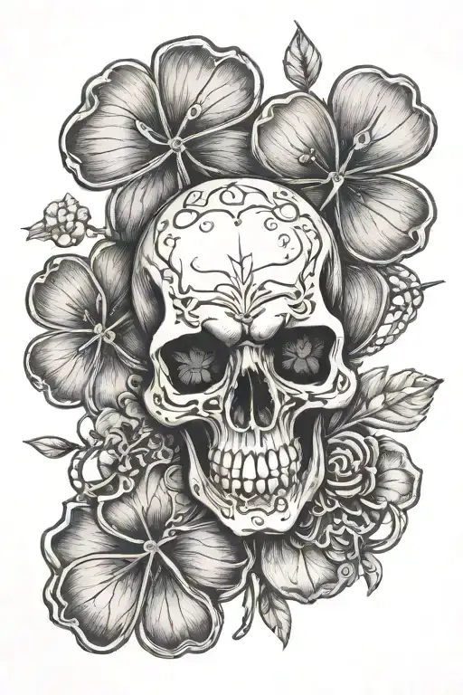 4 Leaf Clover With Skull Soft Shading Its Face
