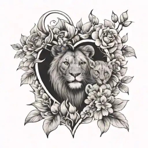 A Heart-shaped Bouquet Of Flowers With Tiny Lion Cubs Hidden Among The Petals