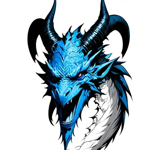 Blue Face Smiling Black Horns Bahamut Head